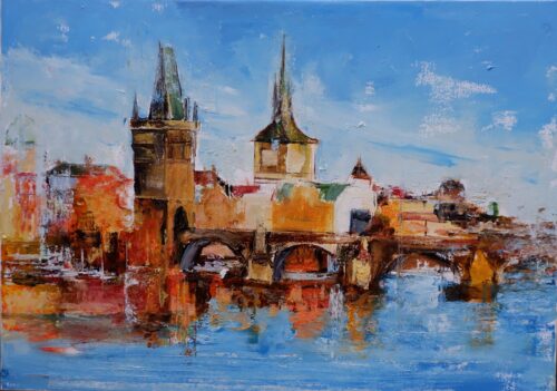 Olejomaľba Prahy. Karlov most. Staré Mesto. Viedeň.